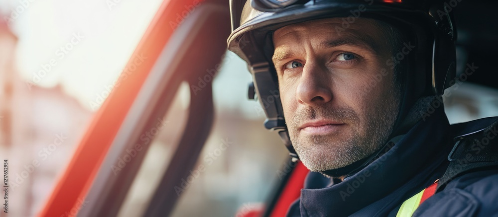 Portrait of a fireman in uniform inside a fire truck with a serious expression and Copy Space for text placement. Portrait of a fireman in uniform inside a fire truck with a serious expression and Copy Space for text placement.