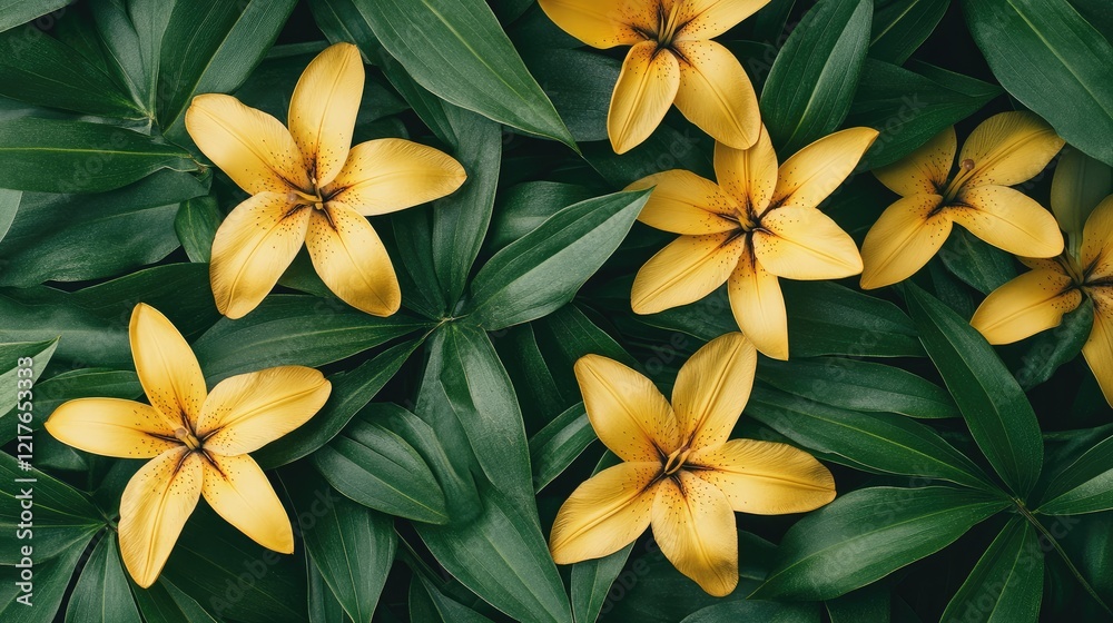 Obraz premium Floral spring background featuring vibrant yellow lilies and lush green leaves top view showcasing the beauty of nature and tranquility.