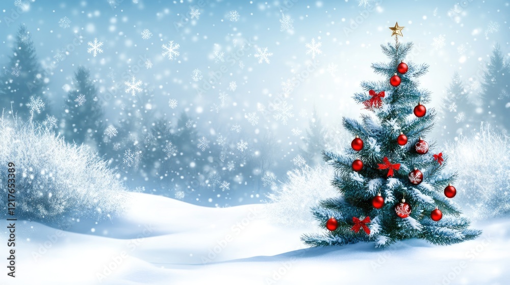 Christmas tree in snowy landscape with ornaments and snowfall Copy Space Christmas tree in snowy landscape with ornaments and snowfall Copy Space