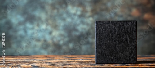 Black wooden cube bookend on rustic table with textured background and ample copyspace for advertising or promotional text insertion photo