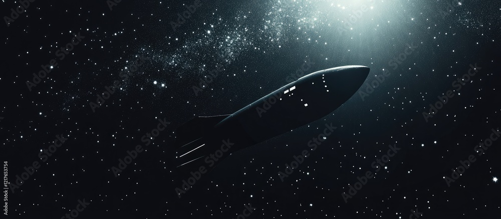 Black Spaceship Gliding Through Starry Cosmos with Empty Copyspace for Text in a Vast Universe Scene Black Spaceship Gliding Through Starry Cosmos with Empty Copyspace for Text in a Vast Universe Scene
