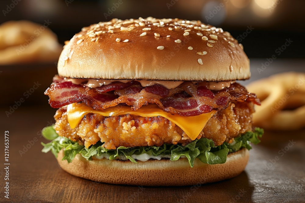 Crispy chicken sandwich topped with bacon and cheese served with fresh lettuce in a warm sesame seed bun Crispy chicken sandwich topped with bacon and cheese served with fresh lettuce in a warm sesame seed bun