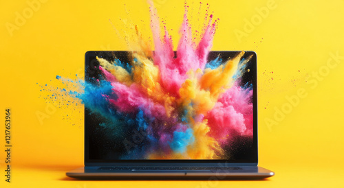 A vibrant explosion of colorful powder bursts from a laptop, set against a bright yellow backdrop. The dynamic scene embodies creativity and energy in a visually stunning display.