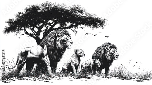 Lion pride under acacia tree, monochrome illustration.
