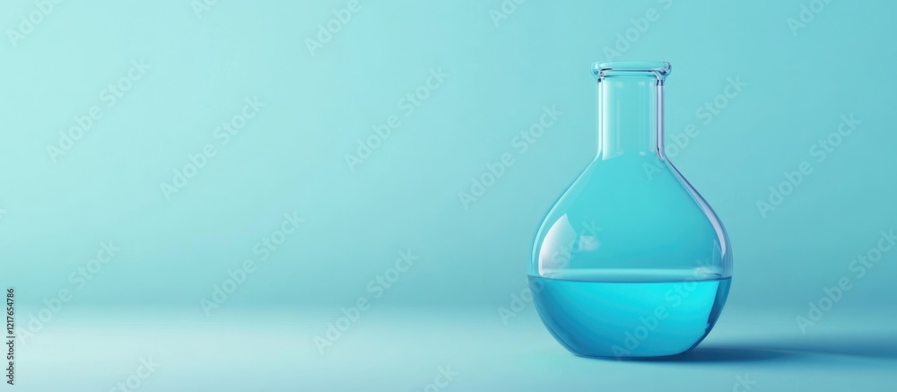 Blue Chemical Liquid in Laboratory Flask on Light Background with Empty Space for Text and Creative Usage Blue Chemical Liquid in Laboratory Flask on Light Background with Empty Space for Text and Creative Usage