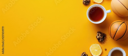 Basketball themed food and tea on yellow background with copyspace for text ideal for sports events promotions and social media graphics photo