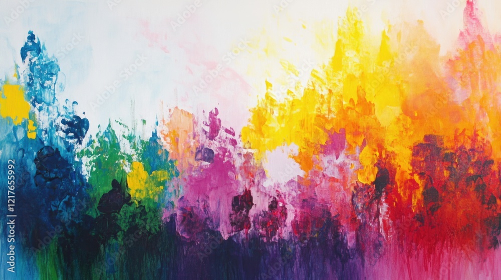 Fototapeta premium Colorful abstract painting with vibrant splashes of paint in shades of yellow, orange, pink, blue and green, suitable for copy space.