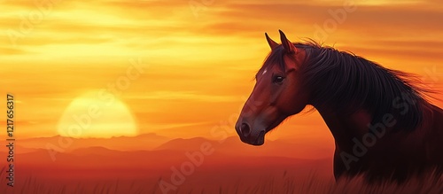 Bay Mare Horse Portrait Against Vibrant Sunset with Stable Background Ideal for Text Overlay and Equine Related Content photo