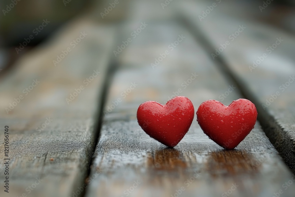 Fototapeta premium Two red hearts on a wooden surface symbolizing love and connection in a romantic ambiance