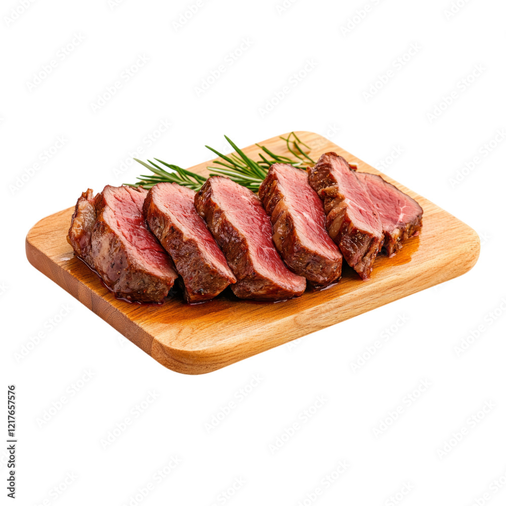 Sliced Grilled Steak: A close-up of perfectly seared and sliced grilled steak resting on a wooden cutting board, garnished with fresh rosemary sprigs. The juicy. Sliced Grilled Steak: A close-up of perfectly seared and sliced grilled steak resting on a wooden cutting board, garnished with fresh rosemary sprigs. The juicy.