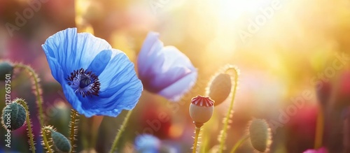 Bright blue poppy flowers Papaver nudicaule in morning light with soft bokeh and space for text in vibrant garden setting at dawn photo