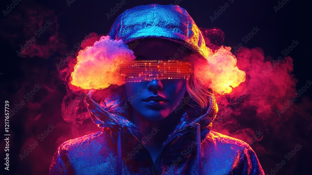 Obraz premium Futuristic Business Worker with Cloud Icon Digital Environment Vivid Neon Atmosphere Artistic Viewpoint