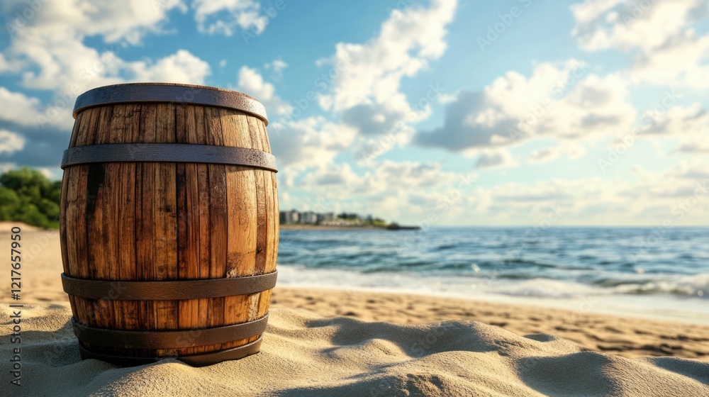 Wooden barrel on sandy beach with ocean waves and cloudy sky in background Copy Space Wooden barrel on sandy beach with ocean waves and cloudy sky in background Copy Space