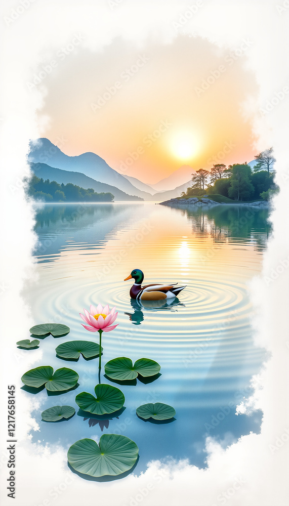 Fototapeta premium Mandarin duck gliding on serene lake at sunrise, peaceful ambiance