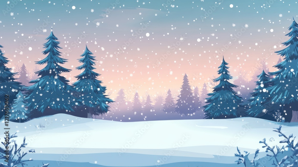 custom made wallpaper toronto digitalWinter landscape with snow falling over pine trees and a soft pastel sky Copy Space
