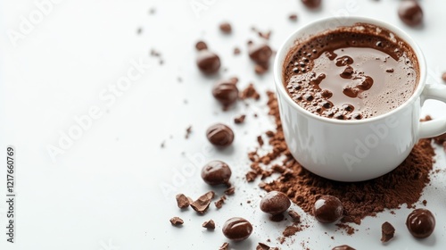 Delicious cocoa milk in a white cup surrounded by chocolate pieces and cocoa powder on a clean white background for creative use
