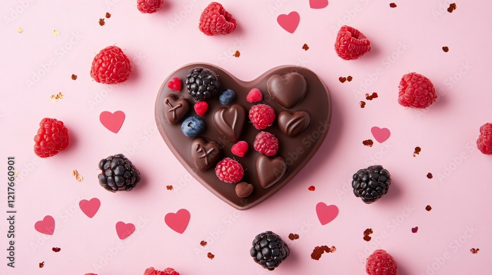 A heart-shaped vegan chocolate box surrounded by scattered berries and glittering heart confetti, isolated on pink A heart-shaped vegan chocolate box surrounded by scattered berries and glittering heart confetti, isolated on pink