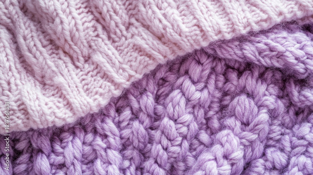 Textured knitting patterns in pink and lavender shades showcasing warm winter apparel with Copy Space for text placement Textured knitting patterns in pink and lavender shades showcasing warm winter apparel with Copy Space for text placement