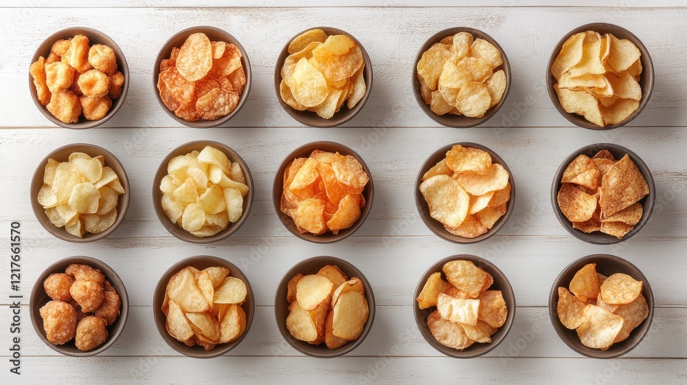 Variety of Crispy Potato Chips Arranged in Bowls on White Wooden Surface from a Top View Angle Variety of Crispy Potato Chips Arranged in Bowls on White Wooden Surface from a Top View Angle