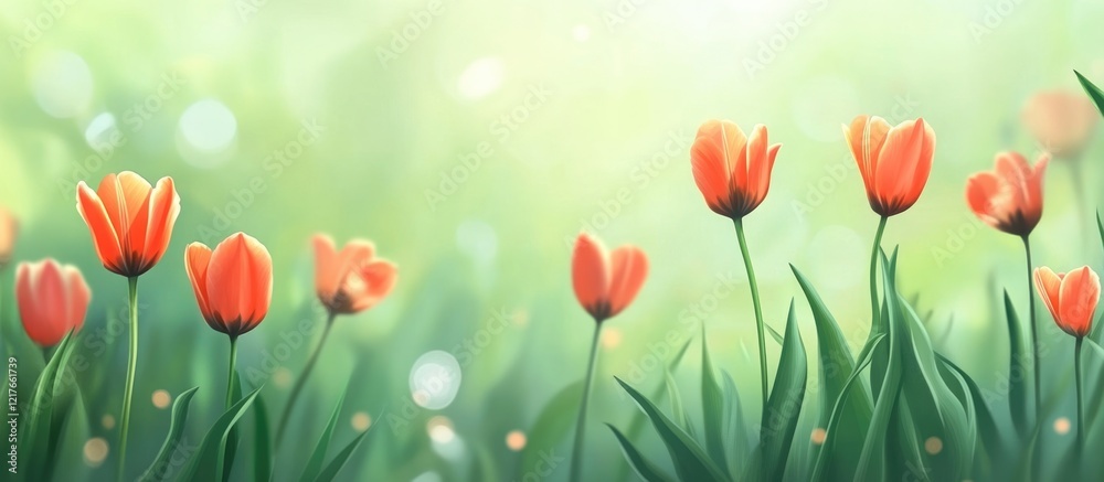 Blooming orange tulips in a vibrant garden with soft focus background and ample copyspace for text or floral design elements Blooming orange tulips in a vibrant garden with soft focus background and ample copyspace for text or floral design elements
