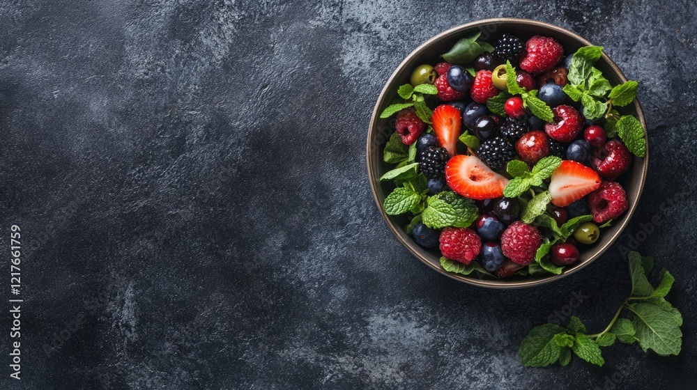 Bowl of fresh mixed berries and mint on dark textured background with ample copy space for text ideal for healthy dessert promotion Bowl of fresh mixed berries and mint on dark textured background with ample copy space for text ideal for healthy dessert promotion