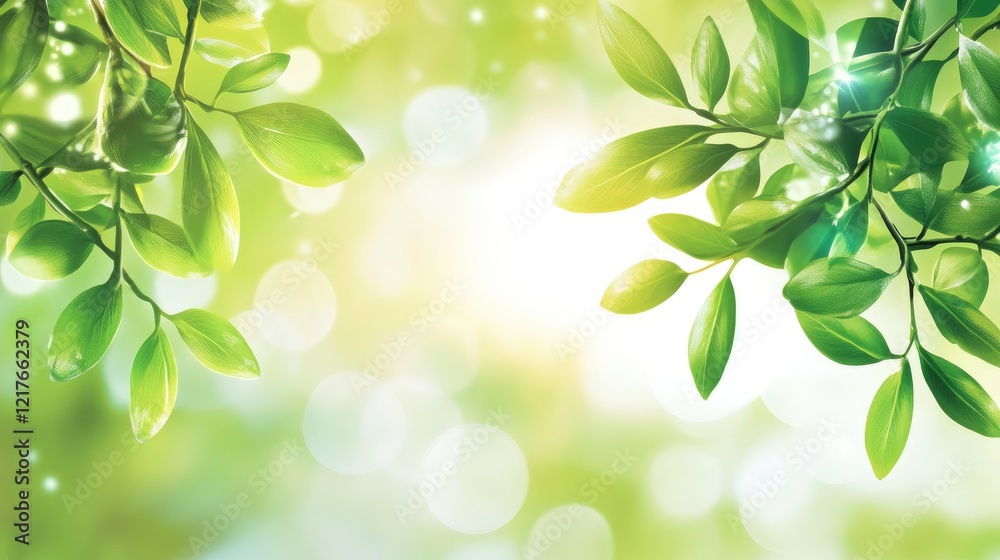 Green leafy branches with soft sunlight and bokeh background ideal for natural themes and copy space for text insertion Green leafy branches with soft sunlight and bokeh background ideal for natural themes and copy space for text insertion