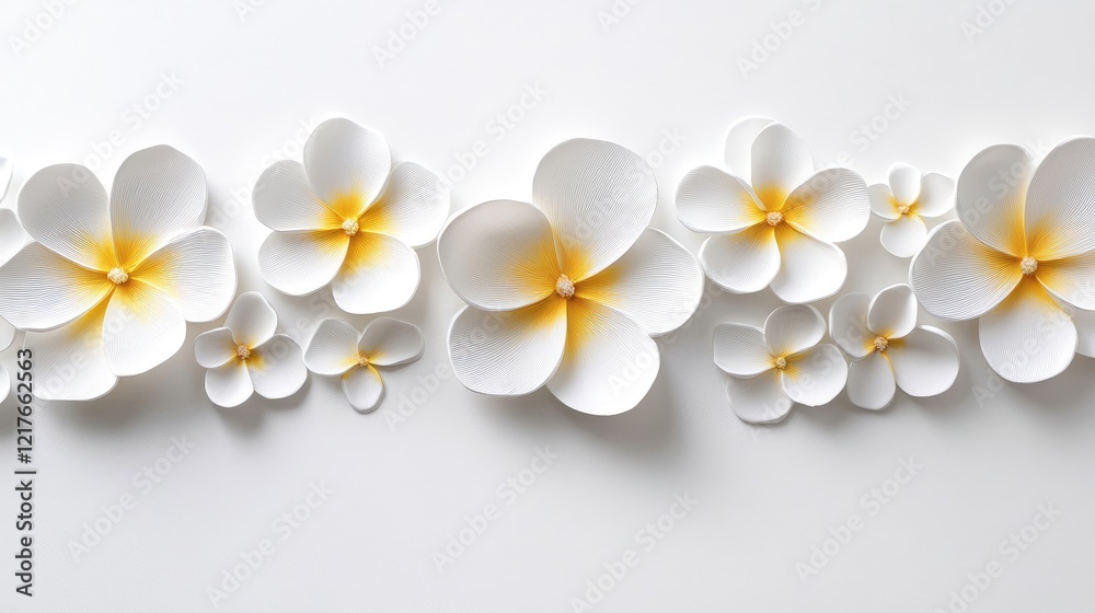 White flowers with yellow accents arranged on a plain background with ample Copy Space for text or design elements. White flowers with yellow accents arranged on a plain background with ample Copy Space for text or design elements.