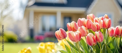 Colorful tulips in bloom with a residential house in the background and copy space for text. Blurred garden scene in springtime.