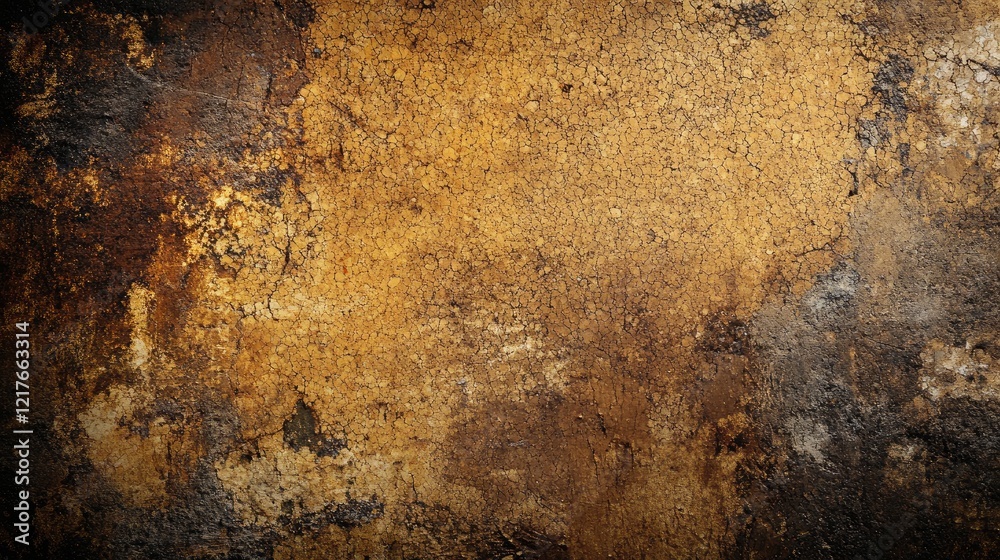 Textured grunge wall background with yellow ochre and dark brown hues featuring cracks and irregular patterns Copy Space