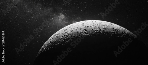 Black and white moon surface close-up with visible craters and stars in the background featuring ample copy space
