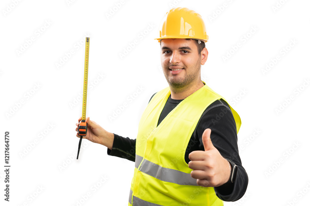 Friendly constructor holding tape measure showing thumb-up Friendly constructor holding tape measure showing thumb-up