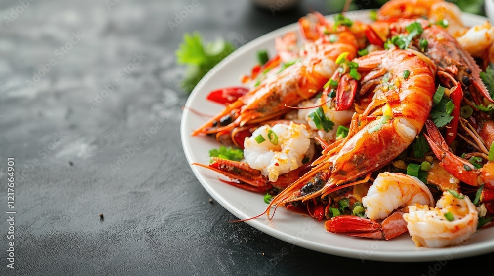 Delicious Chinese Seafood Platter with Shrimp and Herbs on Dark Table Background Ideal for Culinary Promotions and Menus Delicious Chinese Seafood Platter with Shrimp and Herbs on Dark Table Background Ideal for Culinary Promotions and Menus
