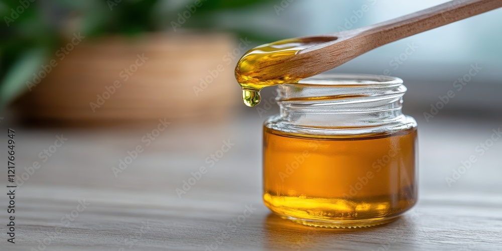 Golden honey drips from a wooden spoon into a clear jar, casting a warm, inviting glow on the wooden table. Golden honey drips from a wooden spoon into a clear jar, casting a warm, inviting glow on the wooden table.