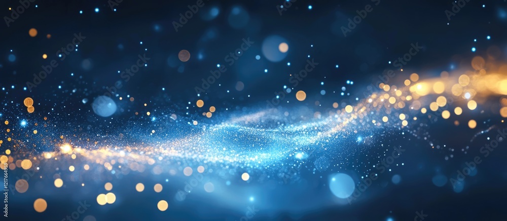 Obraz premium Abstract glittering wave pattern with blue and golden bokeh lights on dark background for digital design and artistic presentations Copy Space