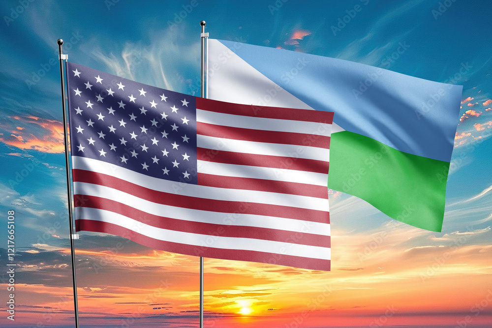 Obraz premium The flags of the United States and djibouti- are symbols of international relations