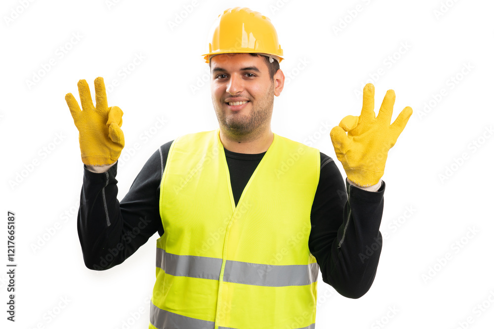 Cheerful constructor showing double okay gesture wearing gloves Cheerful constructor showing double okay gesture wearing gloves