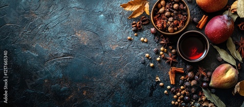 Autumn themed composition of fruits spices and herbs on dark textured background with Copy Space for text placement photo