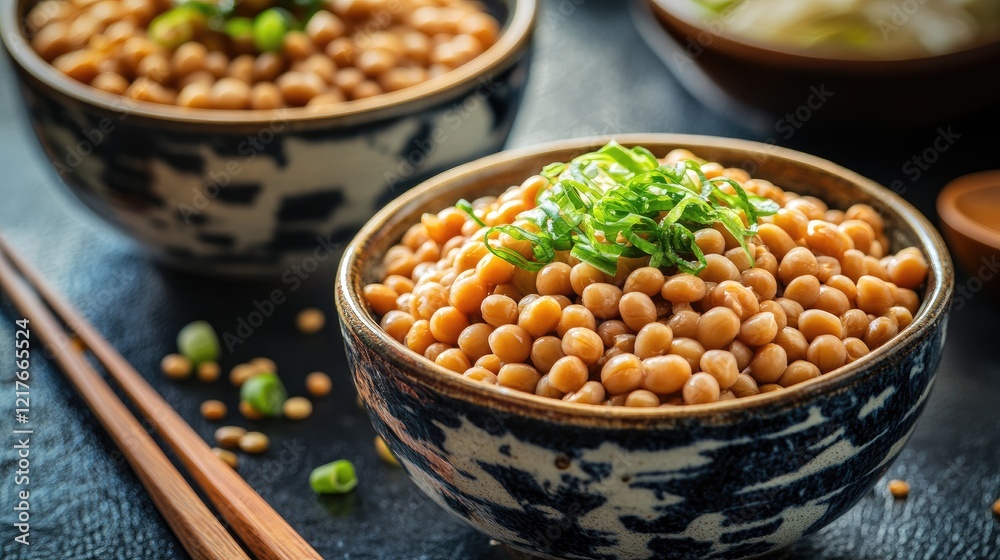 Bowls of cooked chickpeas topped with chopped green onions on a dark background with chopsticks and scattered herbs Copy Space Bowls of cooked chickpeas topped with chopped green onions on a dark background with chopsticks and scattered herbs Copy Space