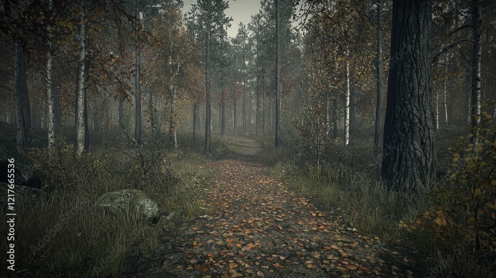 Obraz premium Autumn forest path, misty morning, game background