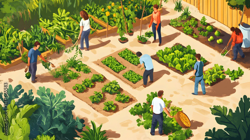 Community garden with people working together, planting and sharing crops