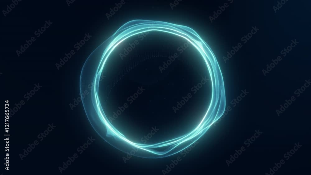 A glowing digital  abstract futuristic white energetic sphere that smoothly flows from chaotically moving particles on dark background. Seamless loop