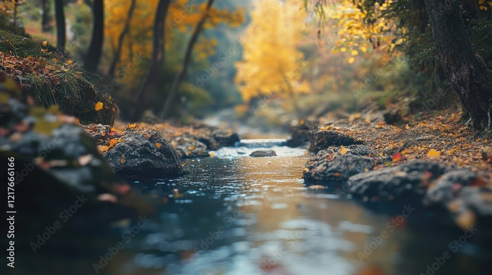 Fototapeta premium Autumn forest stream with colorful foliage and gentle water flow in soft focus Copy Space