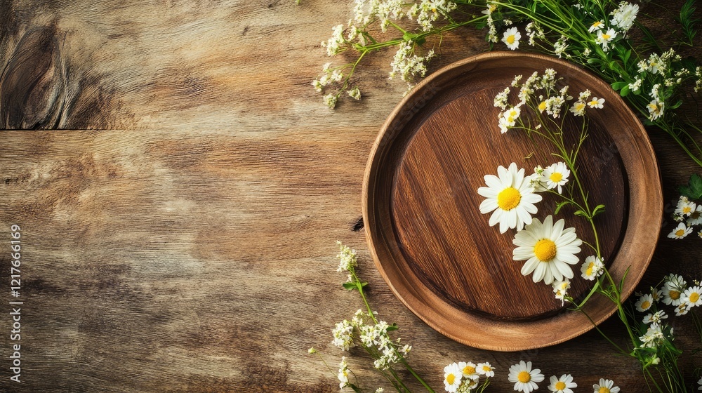 Wooden plate with daisies on rustic wooden background surrounded by small wildflowers and copy space for text Wooden plate with daisies on rustic wooden background surrounded by small wildflowers and copy space for text