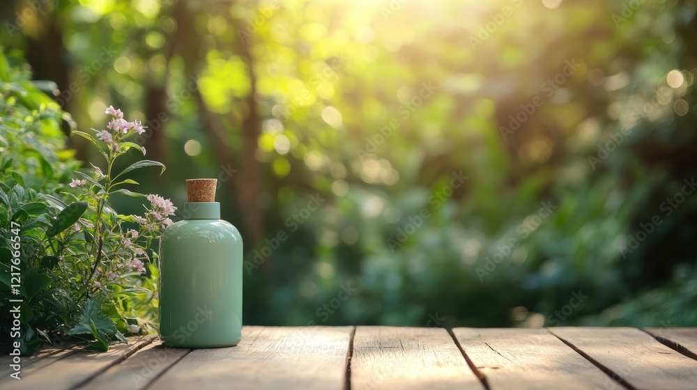 Children's Outdoor Space with Organic Soap Bottle and Natural Background for Text Promotion Children's Outdoor Space with Organic Soap Bottle and Natural Background for Text Promotion