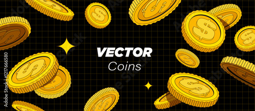 Bright golden coins are falling or flying in dark background. Cartoon money in flat style. Use for gambling games, jackpot, bank, financial illustration or banners. Vector. Isolated elements.