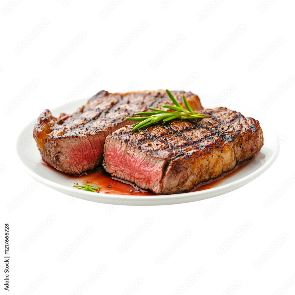 Perfectly Grilled Steak: Two juicy, perfectly grilled steaks, still sizzling, rest on a white plate adorned with a sprig of rosemary. The steak is cooked to a beautiful medium rare. Perfectly Grilled Steak: Two juicy, perfectly grilled steaks, still sizzling, rest on a white plate adorned with a sprig of rosemary. The steak is cooked to a beautiful medium rare.
