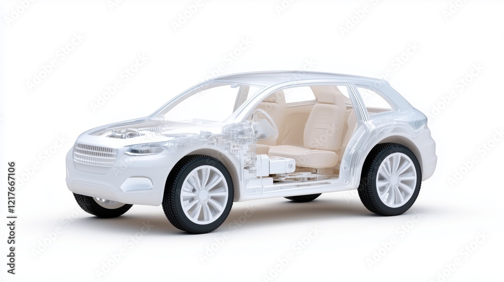 Transparent model of modern suv showing interior and mechanical structure Transparent model of modern suv showing interior and mechanical structure