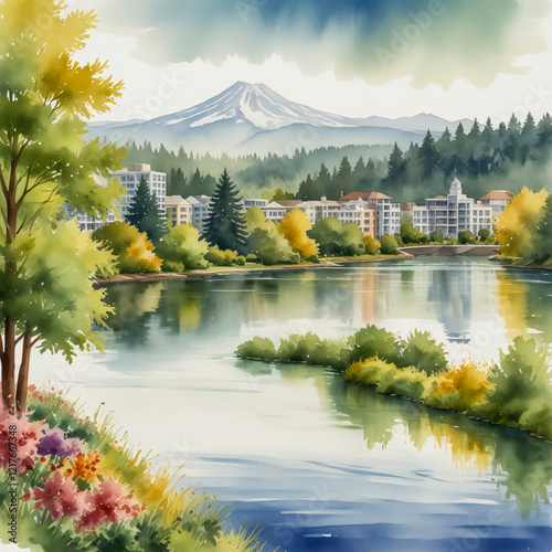 watercolor illustration of Eugene, Oregon, highlighting its blend of natural beauty and urban life.