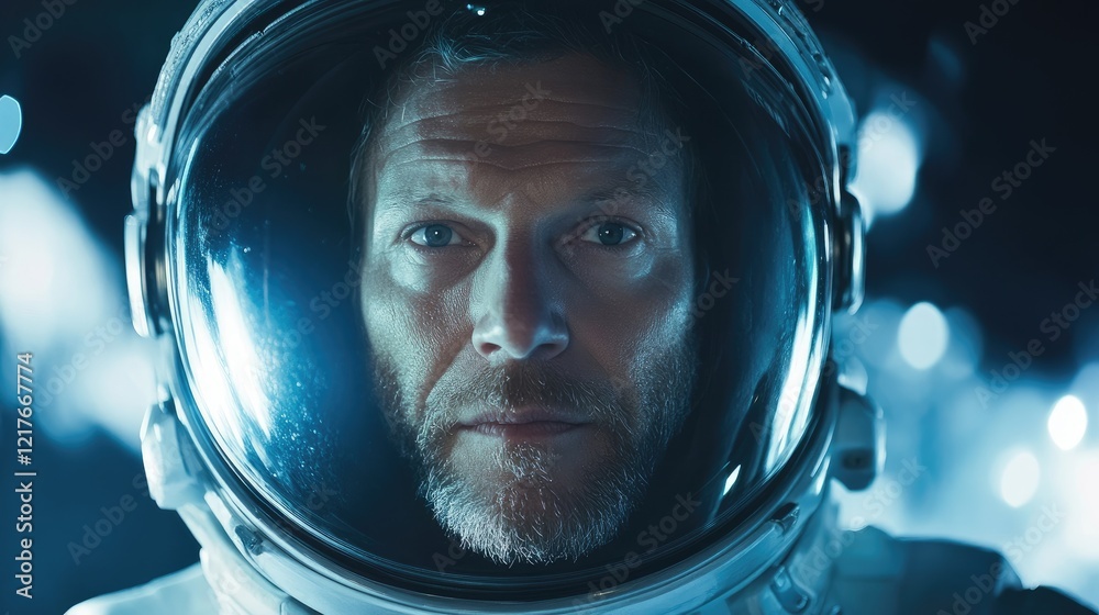 Astronaut in open helmet staring intently at camera with vibrant space background capturing the essence of cosmic exploration and adventure Astronaut in open helmet staring intently at camera with vibrant space background capturing the essence of cosmic exploration and adventure