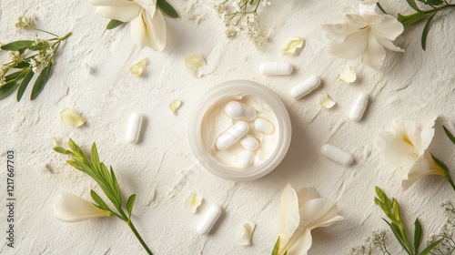 Natural Coconut Face Oil Capsules with Freesia Flowers in Creamy Foam Jar Surrounded by Floral Accents on Textured Background